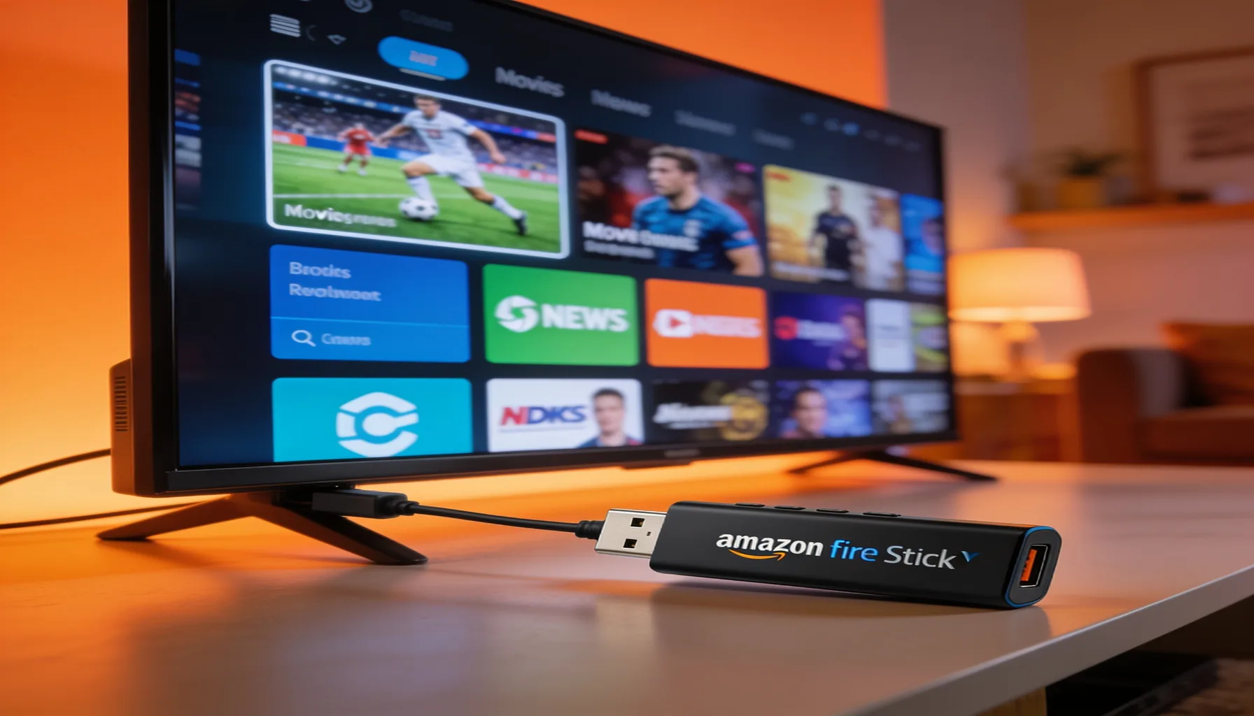 Amazon Fire TV Stick streaming 24,000 live IPTV channels on a modern TV in a living room