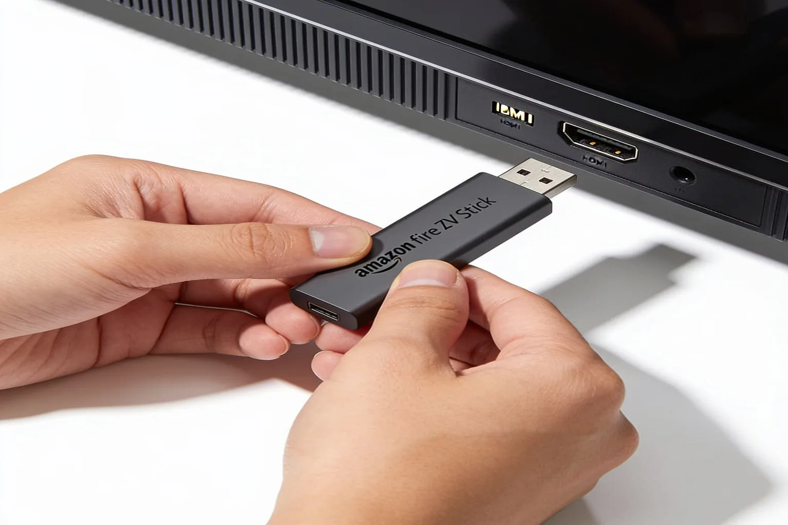 Amazon Fire TV Stick being plugged into TV HDMI port for IPTV setup
